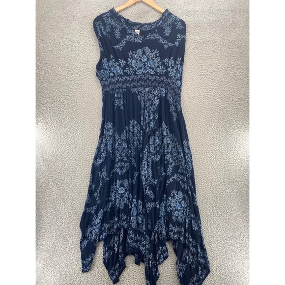Bila Dress Womens XXL Navy Floral Crinkle Peasant Handkerchief Hem Knee Length - Picture 1 of 11
